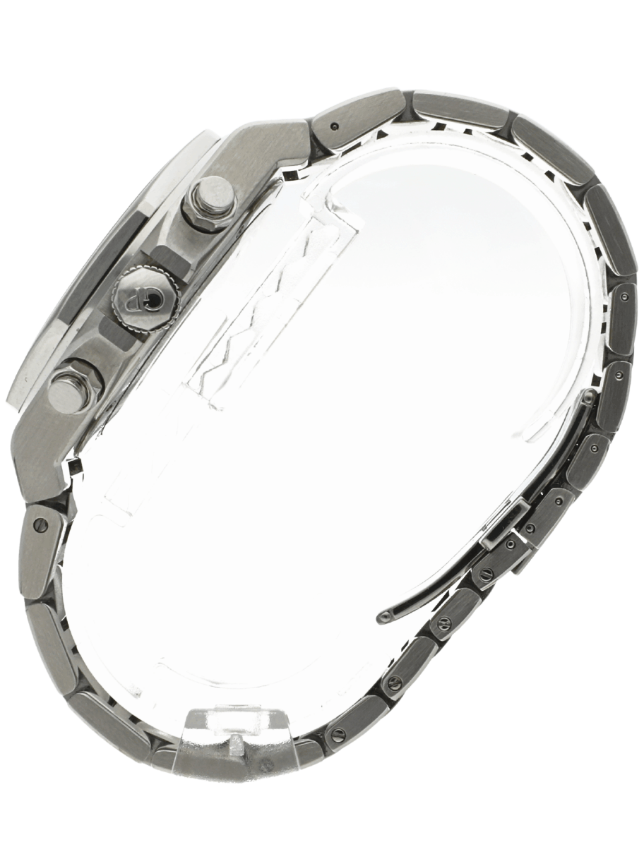 Left side view of pre-owned Girard-Perregaux wristwatch with stainless steel case and bracelet, and silver dial.