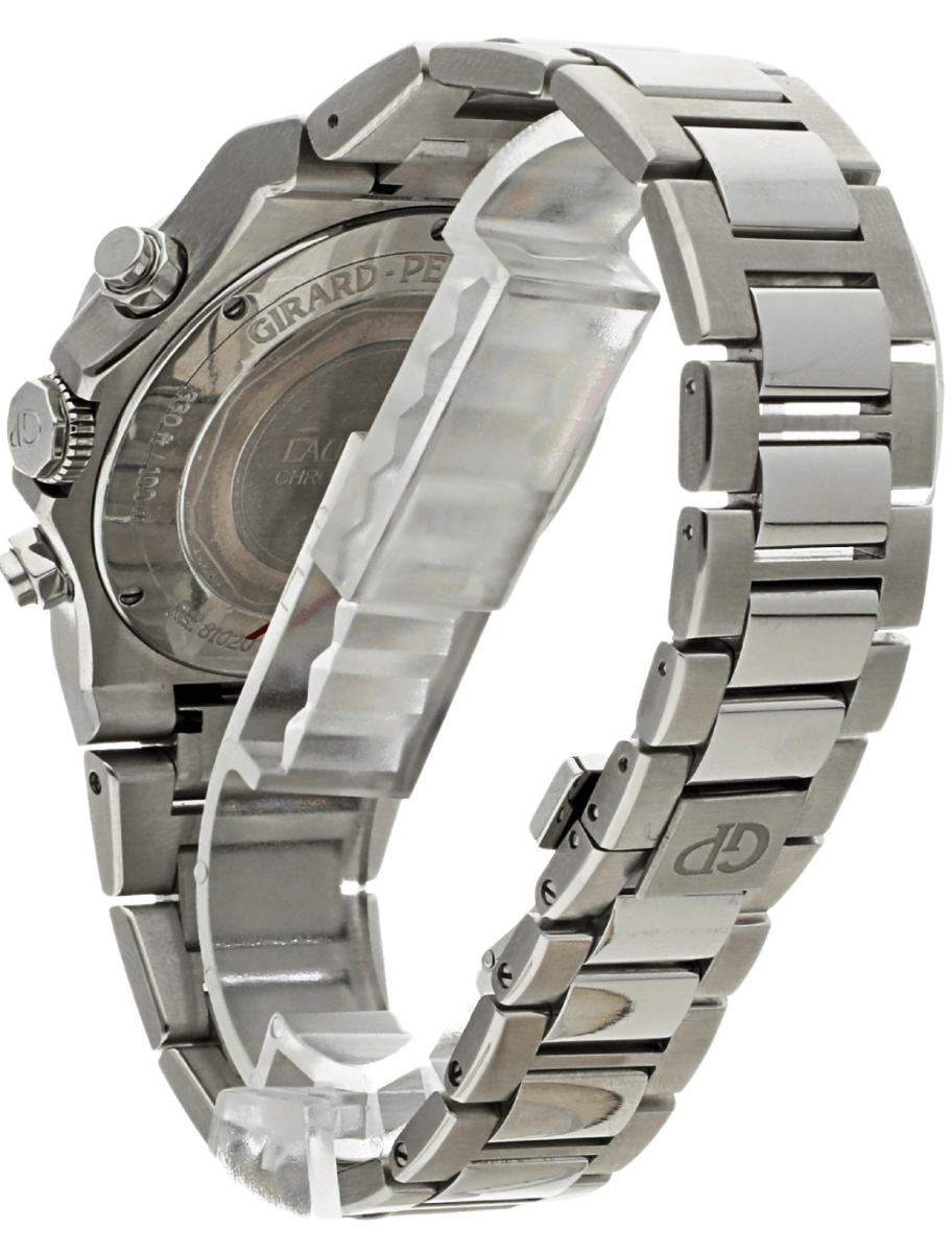 Back left side view of pre-owned Girard-Perregaux wristwatch with stainless steel case and bracelet, and silver dial.