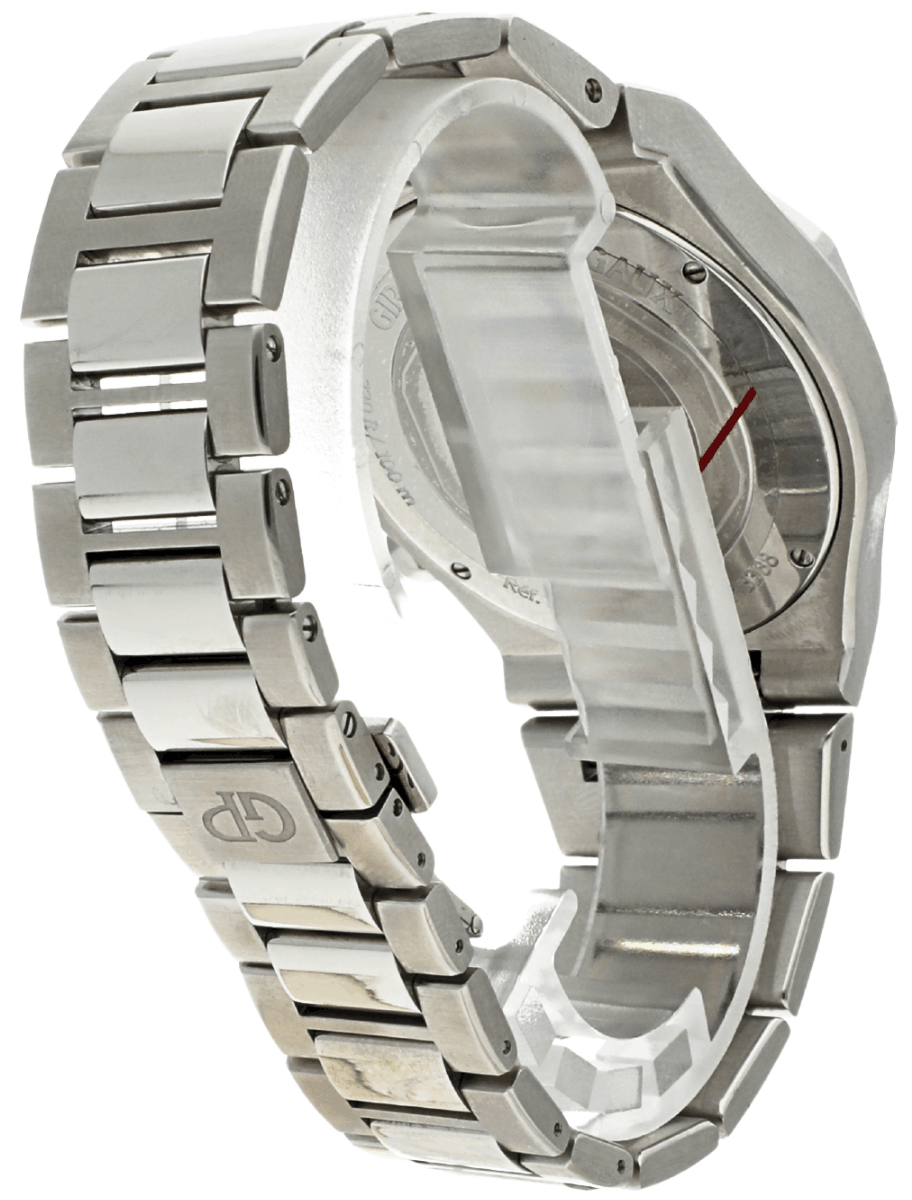 Back right side view of pre-owned Girard-Perregaux wristwatch with stainless steel case and bracelet, and silver dial.