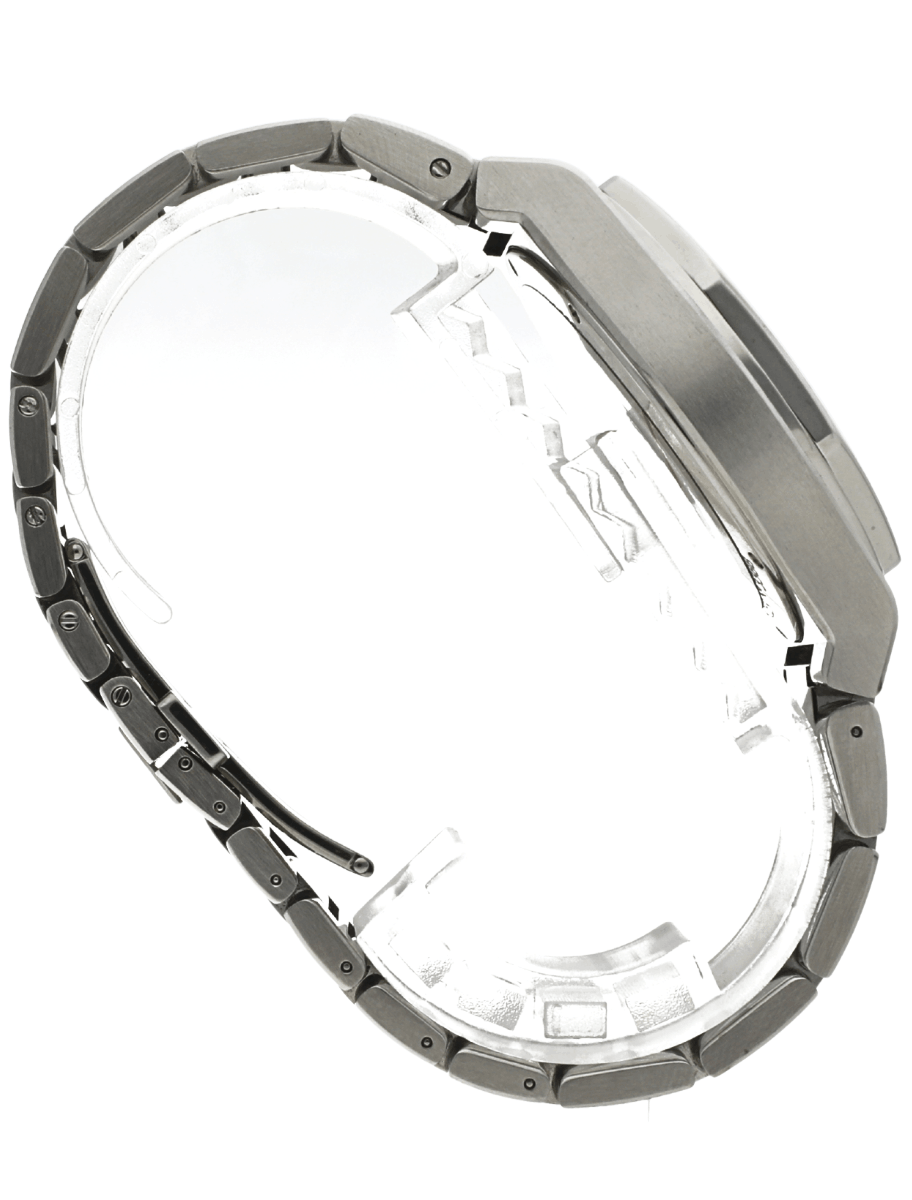 Right side view of pre-owned Girard-Perregaux wristwatch with stainless steel case and bracelet, and silver dial.