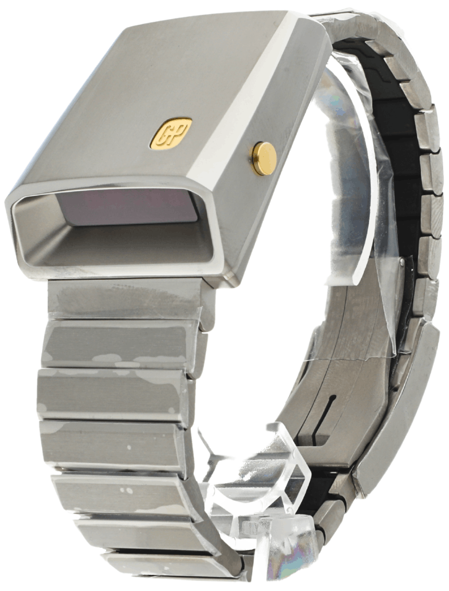 Front left side view of Pre-owned Girard Perregaux wristwatch with titanium case and bracelet, and tubular LED display.