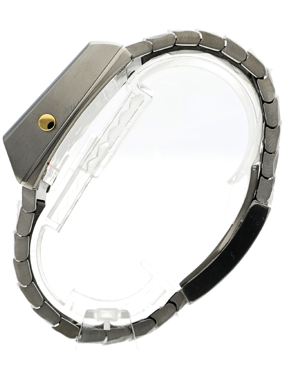 Left side view of Pre-owned Girard Perregaux wristwatch with titanium case and bracelet, and tubular LED display.