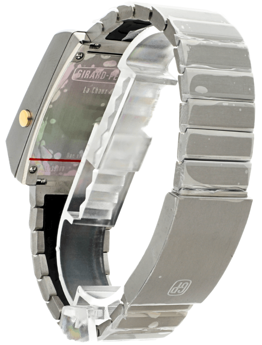 Back left side view of Pre-owned Girard Perregaux wristwatch with titanium case and bracelet, and tubular LED display.