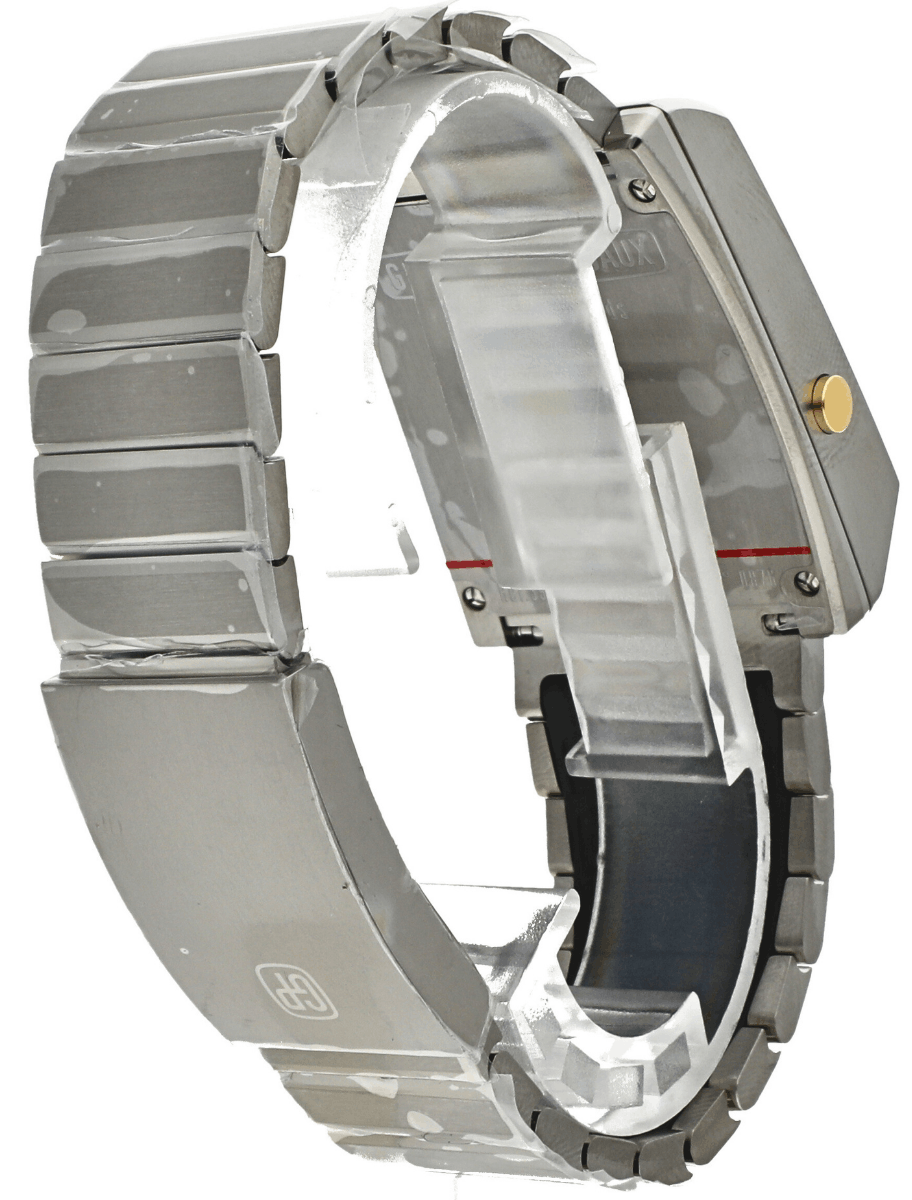Back right side view of Pre-owned Girard Perregaux wristwatch with titanium case and bracelet, and tubular LED display.