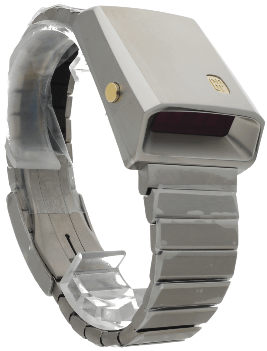 Front right side view of Pre-owned Girard Perregaux wristwatch with titanium case and bracelet, and tubular LED display.