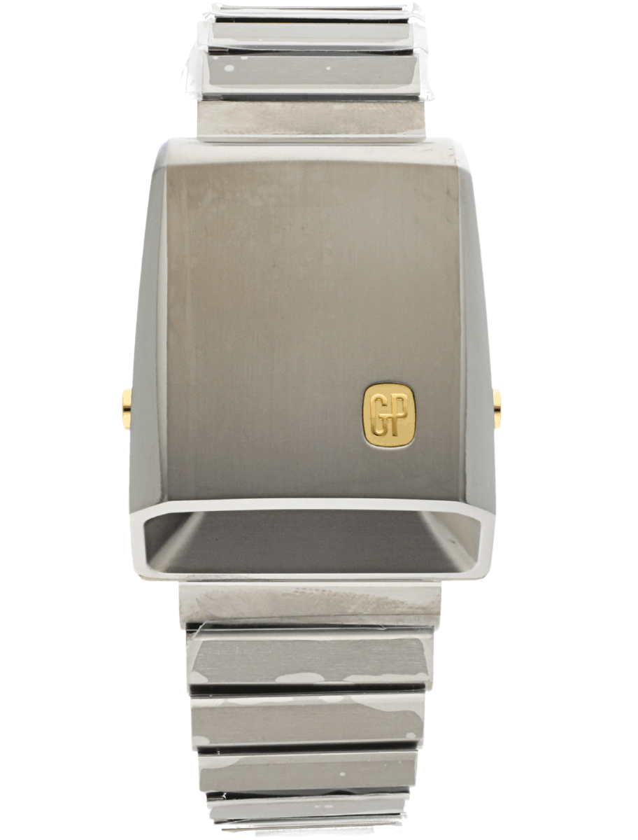 Top view of pre-owned Girard Perregaux wristwatch with titanium case and bracelet, and tubular LED display.