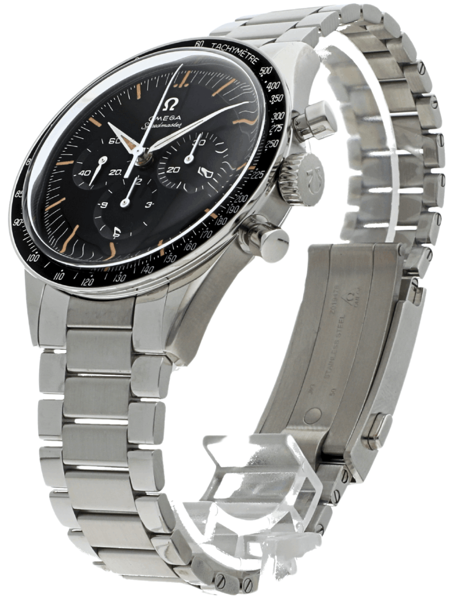 Front left view of Pre-owned Omega wristwatch with stainless steel case and bracelet. and Grey-Blue dial.