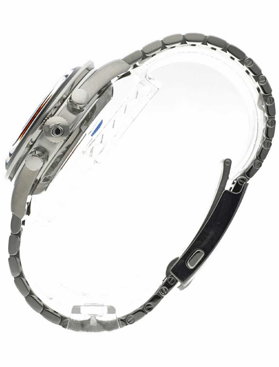 Left view of Pre-owned Omega wristwatch with stainless steel case and bracelet. and Grey-Blue dial.