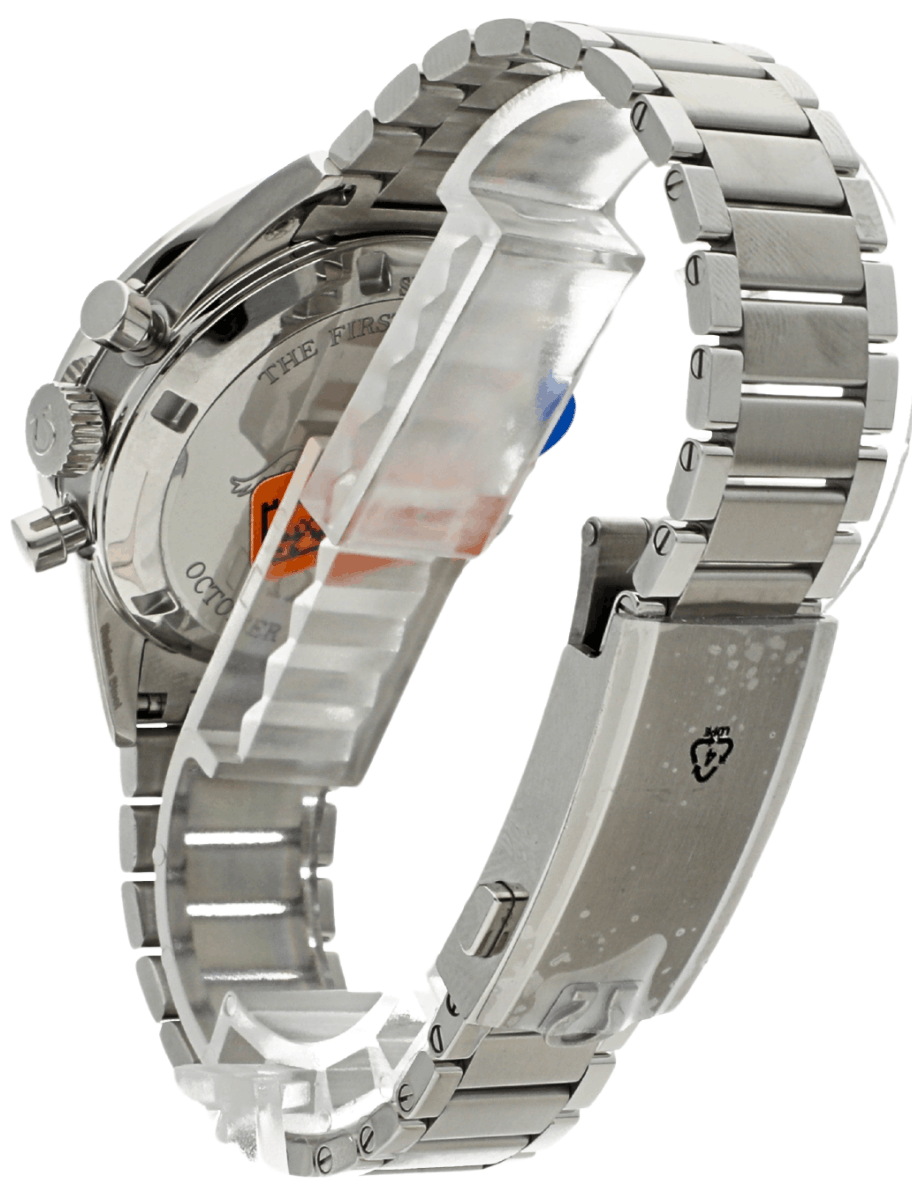 Back left view of Pre-owned Omega wristwatch with stainless steel case and bracelet. and Grey-Blue dial.