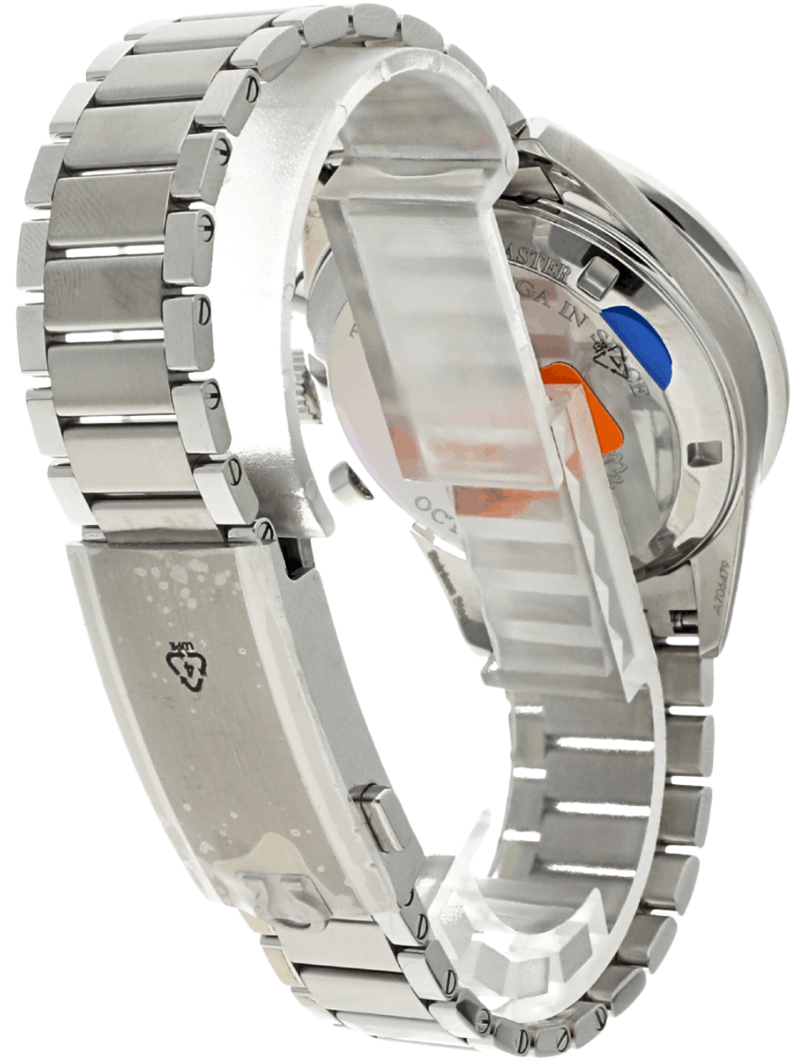 Back right view of Pre-owned Omega wristwatch with stainless steel case and bracelet. and Grey-Blue dial.