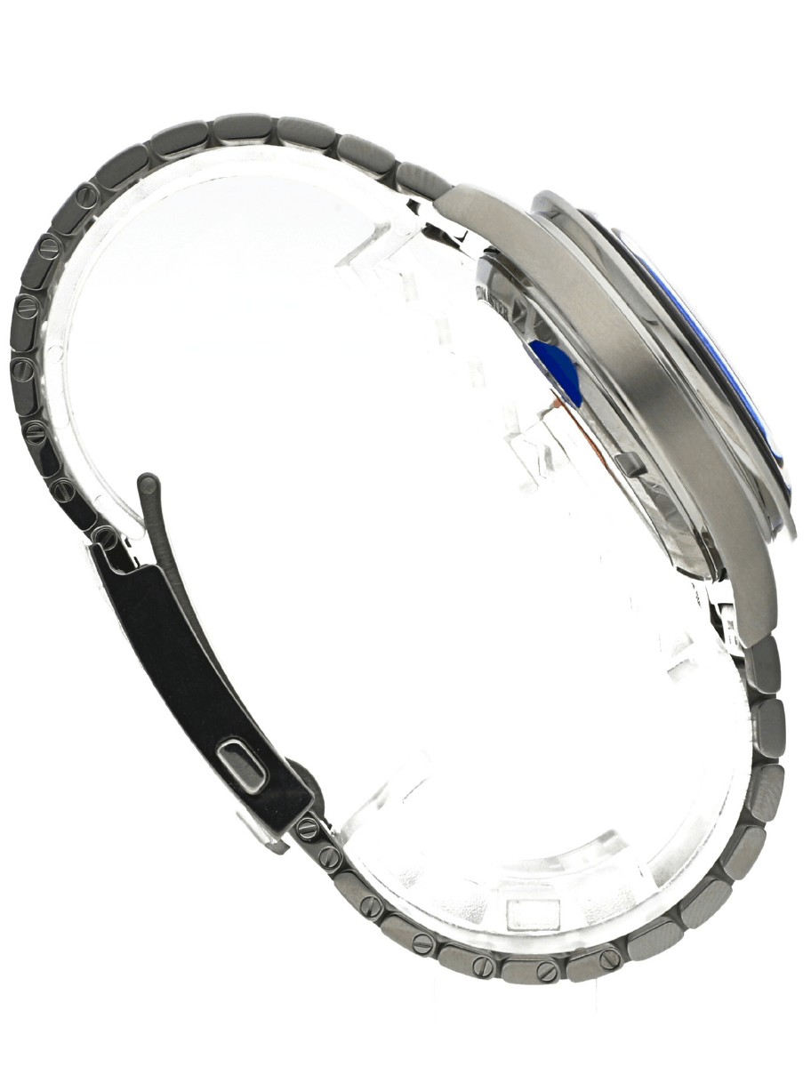 Right view of Pre-owned Omega wristwatch with stainless steel case and bracelet. and Grey-Blue dial.