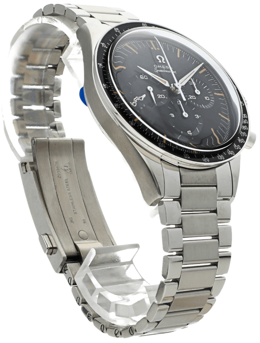 Front right view of Pre-owned Omega wristwatch with stainless steel case and bracelet. and Grey-Blue dial.
