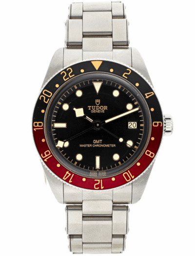 Pre-owned Tudor wristwatch with stainless steel case and bracelet, and black dial.