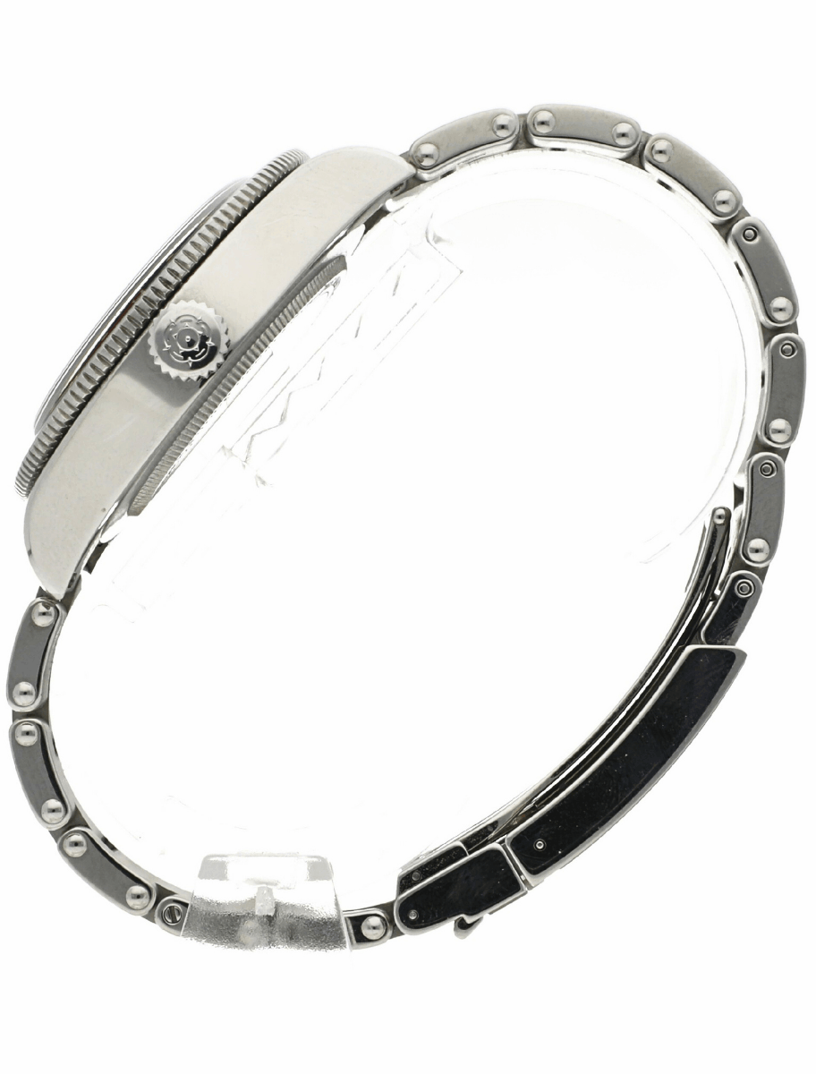 Left side view of pre-owned Tudor wristwatch with stainless steel case and bracelet, and black dial.