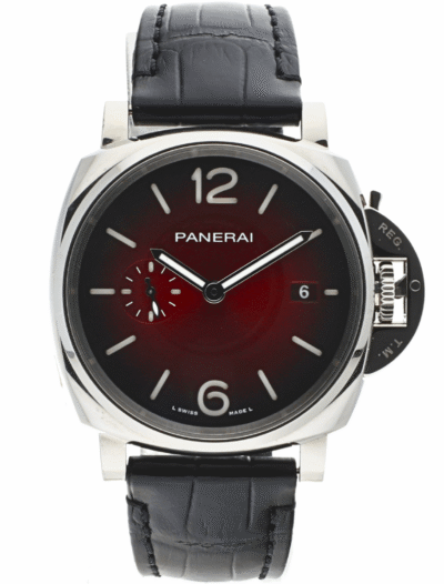 Pre-owned Panerai wristwatch with stainless steel case, burgundy dial, and black leather strap.