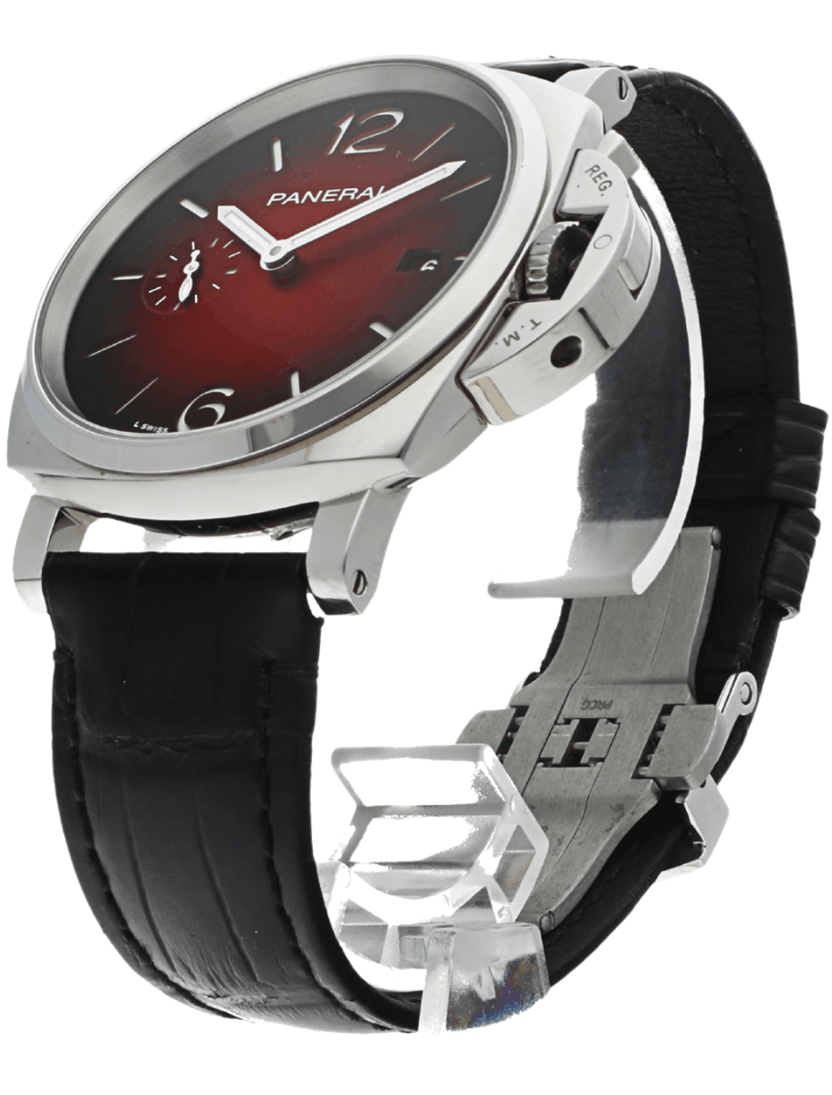 Front left side view of pre-owned Panerai wristwatch with stainless steel case, burgundy dial, and black leather strap.