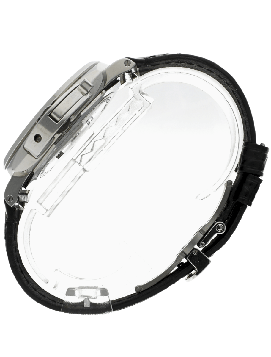 Left side view of pre-owned Panerai wristwatch with stainless steel case, burgundy dial, and black leather strap.