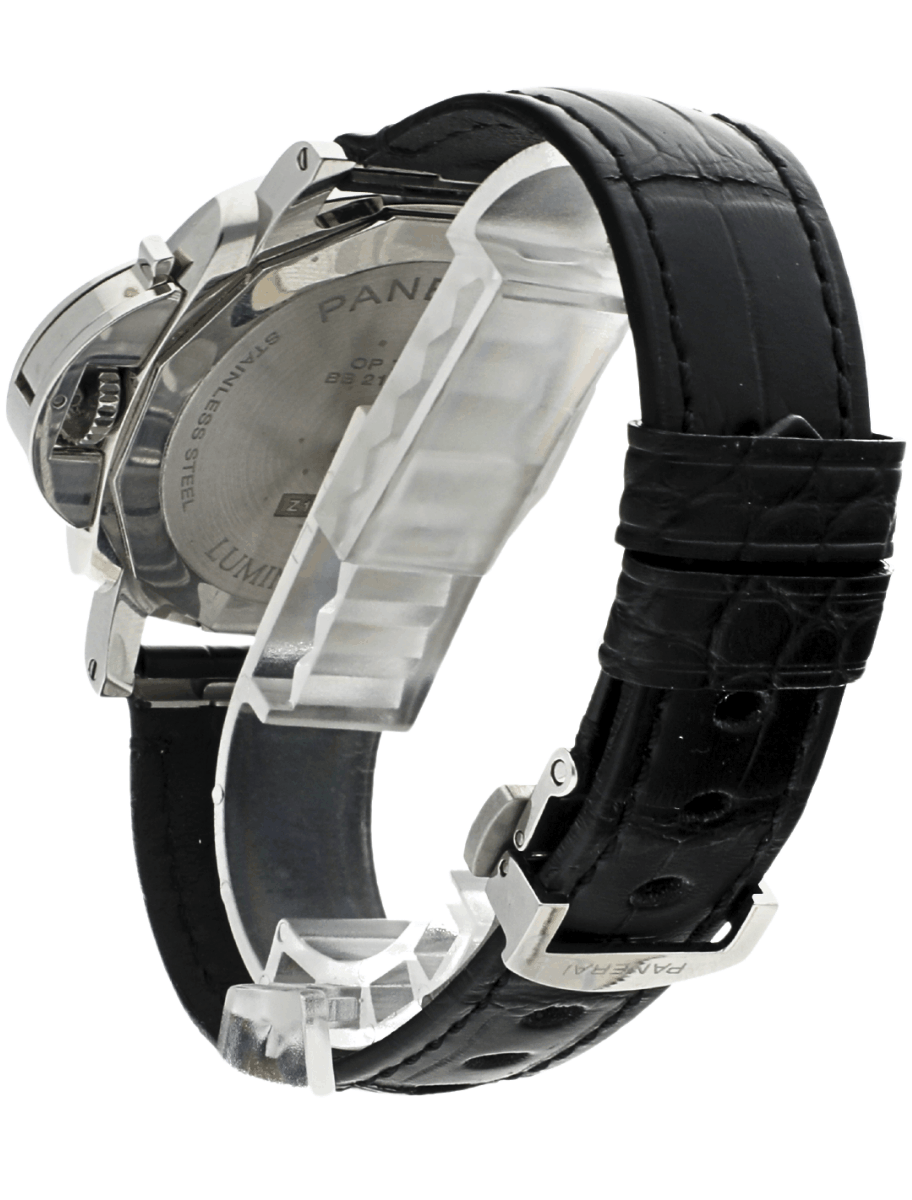 Back left side view of pre-owned Panerai wristwatch with stainless steel case, burgundy dial, and black leather strap.