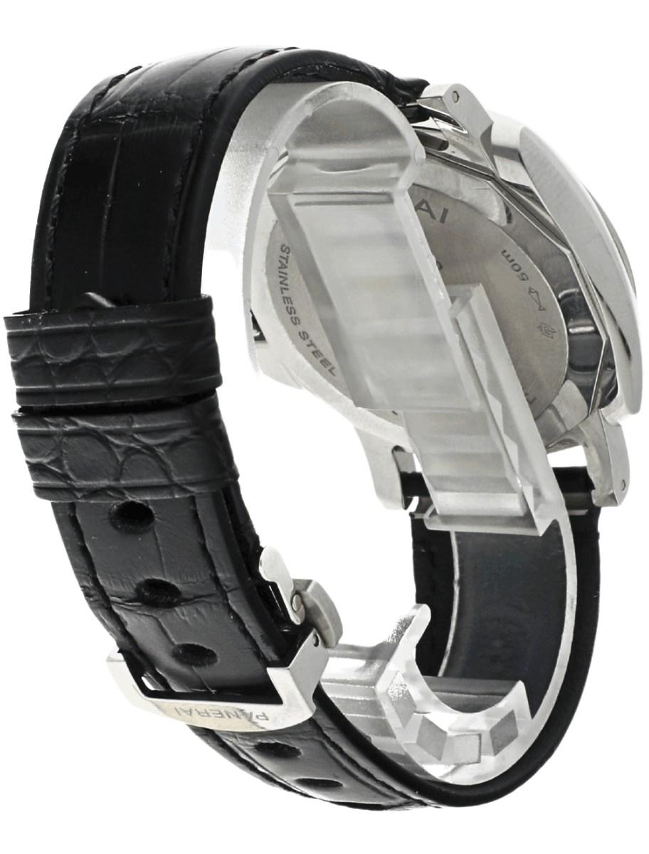 Back right side view of pre-owned Panerai wristwatch with stainless steel case, burgundy dial, and black leather strap.