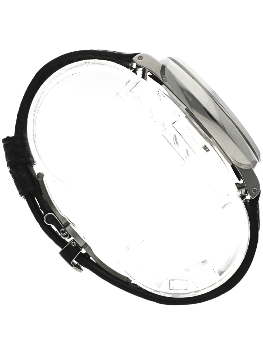 Right side view of pre-owned Panerai wristwatch with stainless steel case, burgundy dial, and black leather strap.