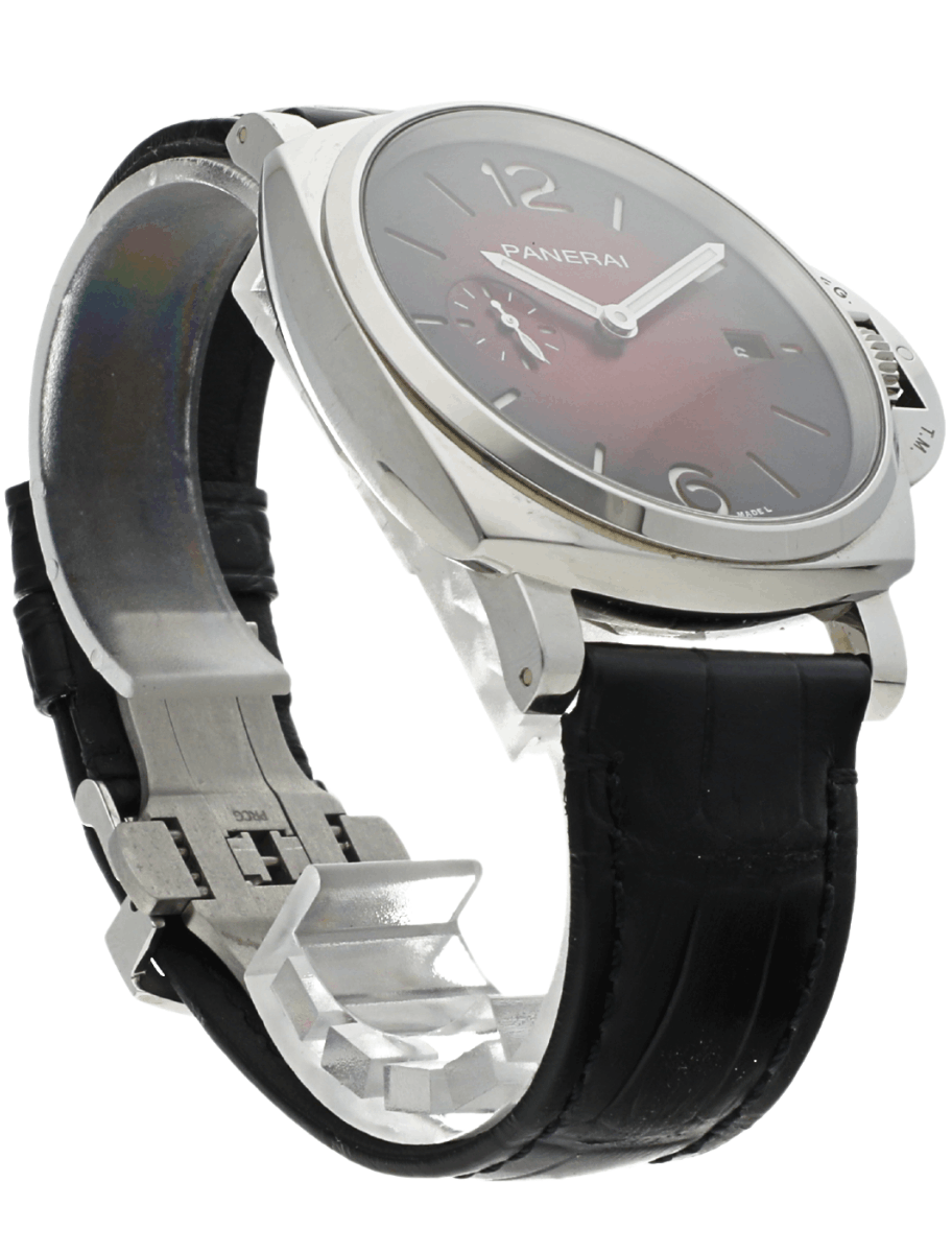 Front right side view of pre-owned Panerai wristwatch with stainless steel case, burgundy dial, and black leather strap.