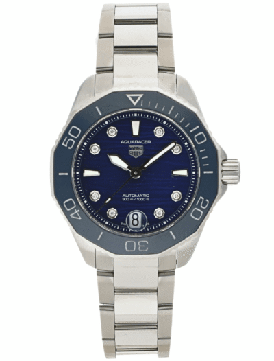 Pre-owned Tag Heuer wristwatch with stainless steel case and bracelet, and blue dial.