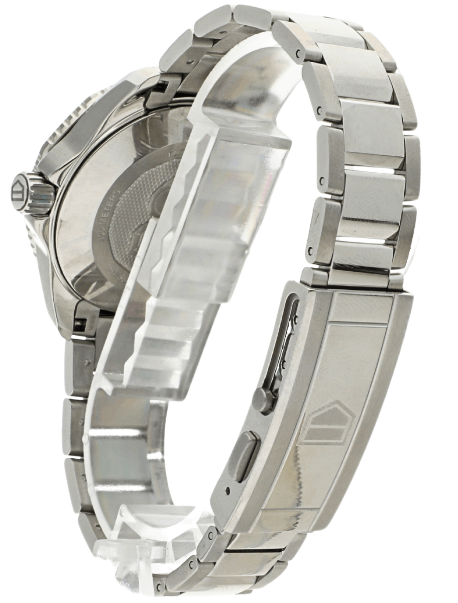 Back left side view of pre-owned Tag Heuer wristwatch with stainless steel case and bracelet, and blue dial.