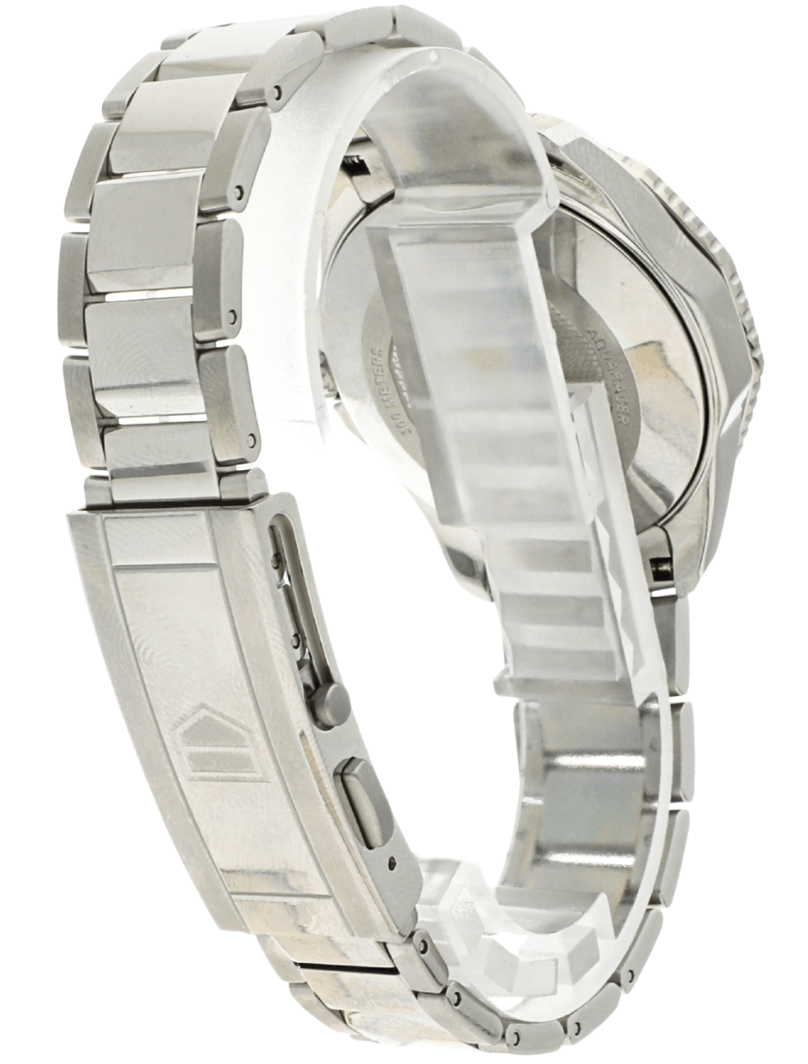 Back right side view of pre-owned Tag Heuer wristwatch with stainless steel case and bracelet, and blue dial.