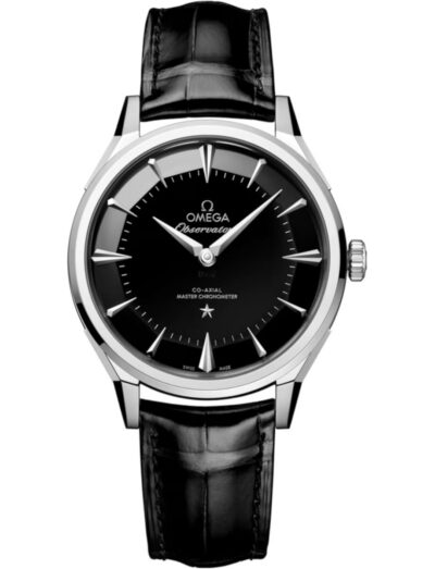 Omega Constellation Observatory wristwatch with O‑MEGASTEEL case, black dial, and black alligator leather. | Feldmar Watch Co. Omega Constellation Observatory wristwatch with O‑MEGASTEEL case, black dial, and black alligator leather.