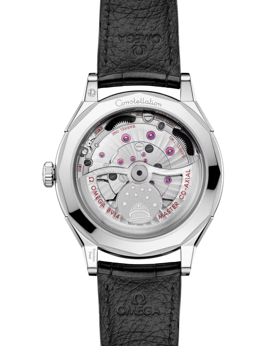 Back view of Omega Constellation Observatory wristwatch with O‑MEGASTEEL case, transparent case back, and black alligator leather.
