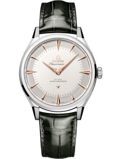 Omega Constellation Observatory wristwatch with O‑MEGASTEEL case, silver dial, and grey alligator leather. | Feldmar Watch Co. Omega Constellation Observatory wristwatch with O‑MEGASTEEL case, silver dial, and grey alligator leather.