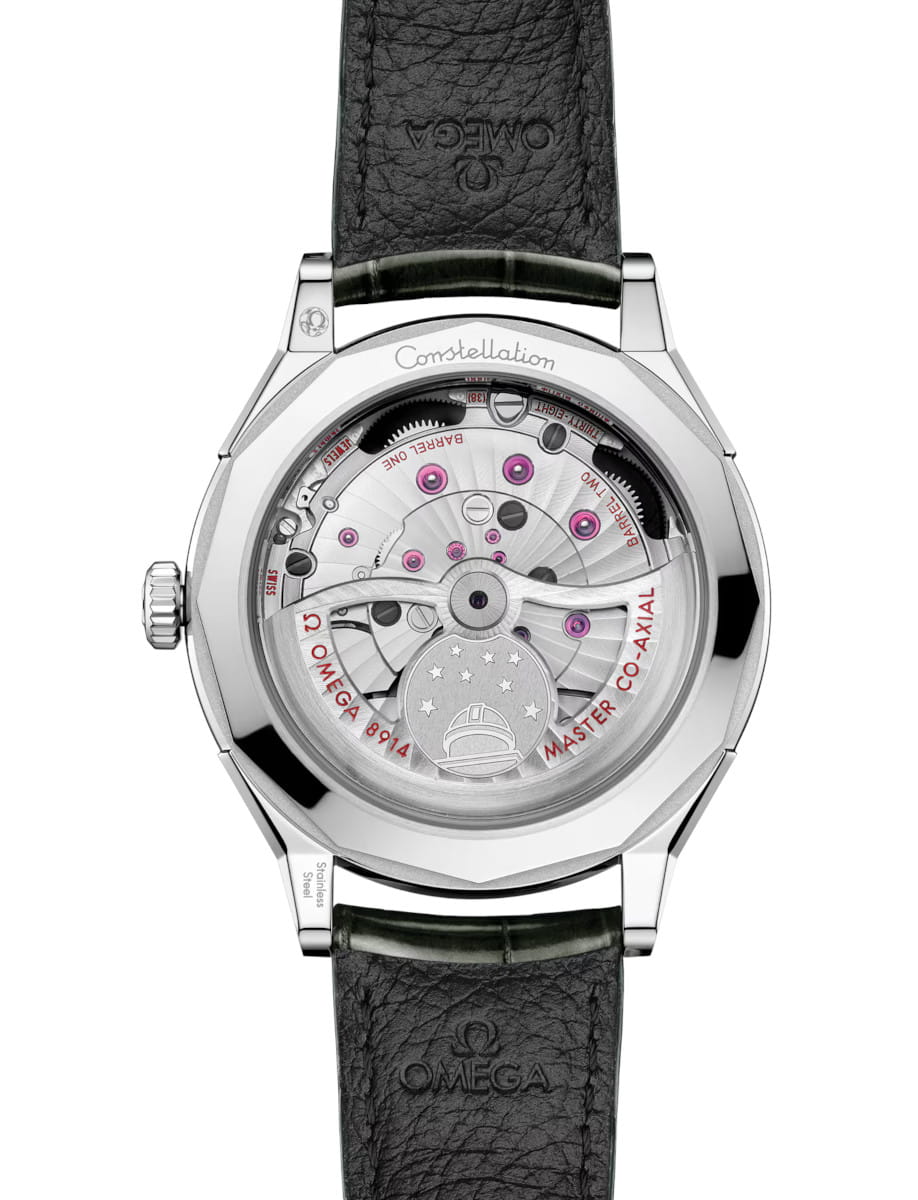 Back view of Omega Constellation Observatory wristwatch with O‑MEGASTEEL case, open case back, and grey alligator leather.