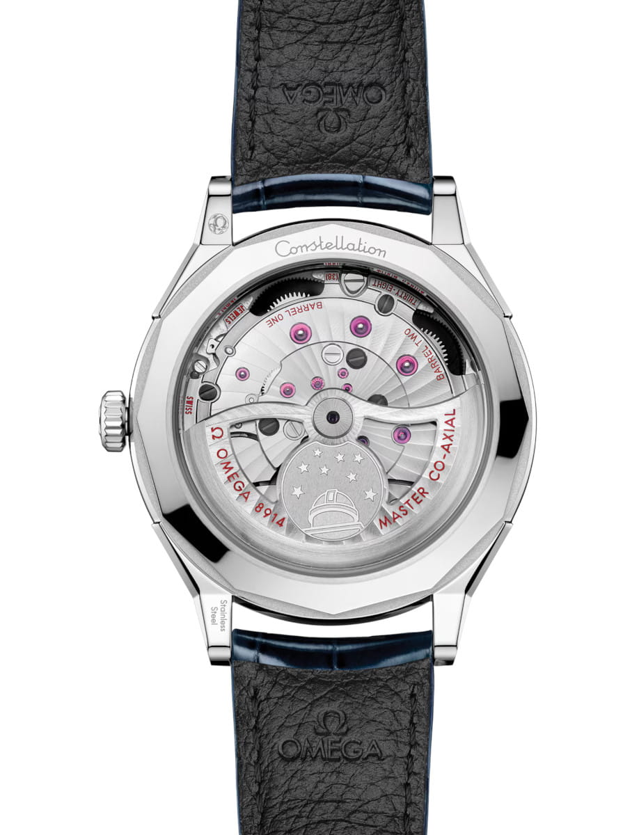 Omega Constellation Observatory wristwatch with O‑MEGASTEEL case, transparent case back, and blue alligator leather.