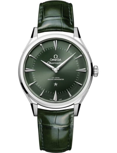 Omega Constellation Observatory wristwatch with O‑MEGASTEEL case, green dial, and green alligator leather. | Feldmar Watch Co. Omega Constellation Observatory wristwatch with O‑MEGASTEEL case, green dial, and green alligator leather.