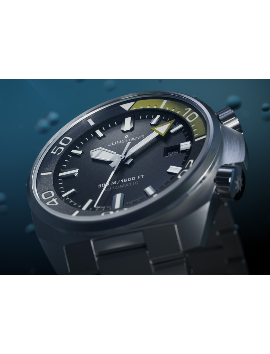 Side view of Junghans wristwatch with stainless steel case and bracelet, matt dark grey dial.