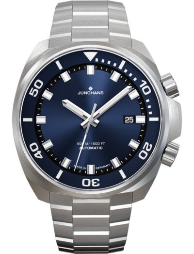 Junghans wristwatch with stainless steel case and bracelet, and blue with sunray brush dial.