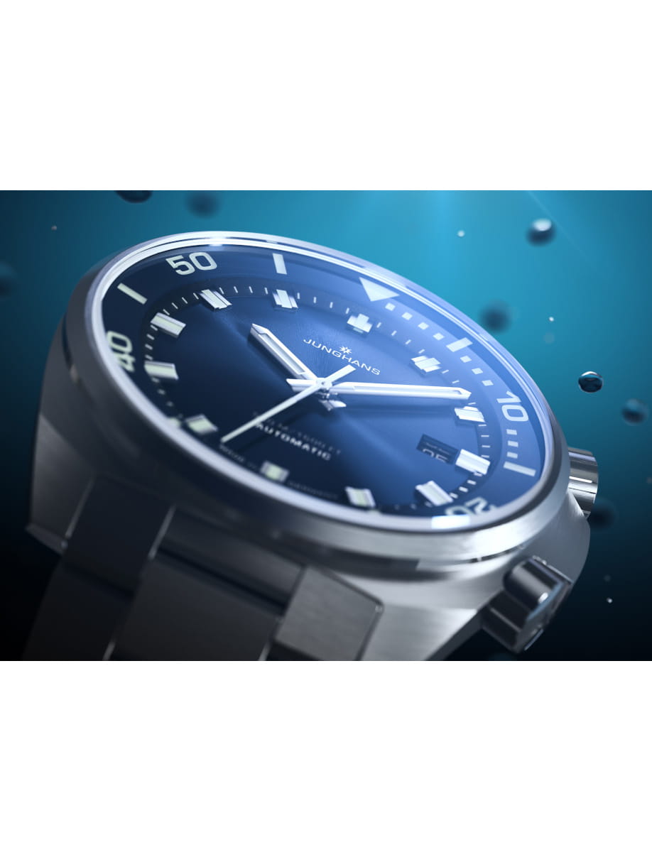 Side view of Junghans wristwatch with stainless steel case and bracelet, and blue with sunray brush dial.