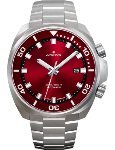 Junghans wristwatch with stainless steel case and bracelet, and red with sunray brush dial.