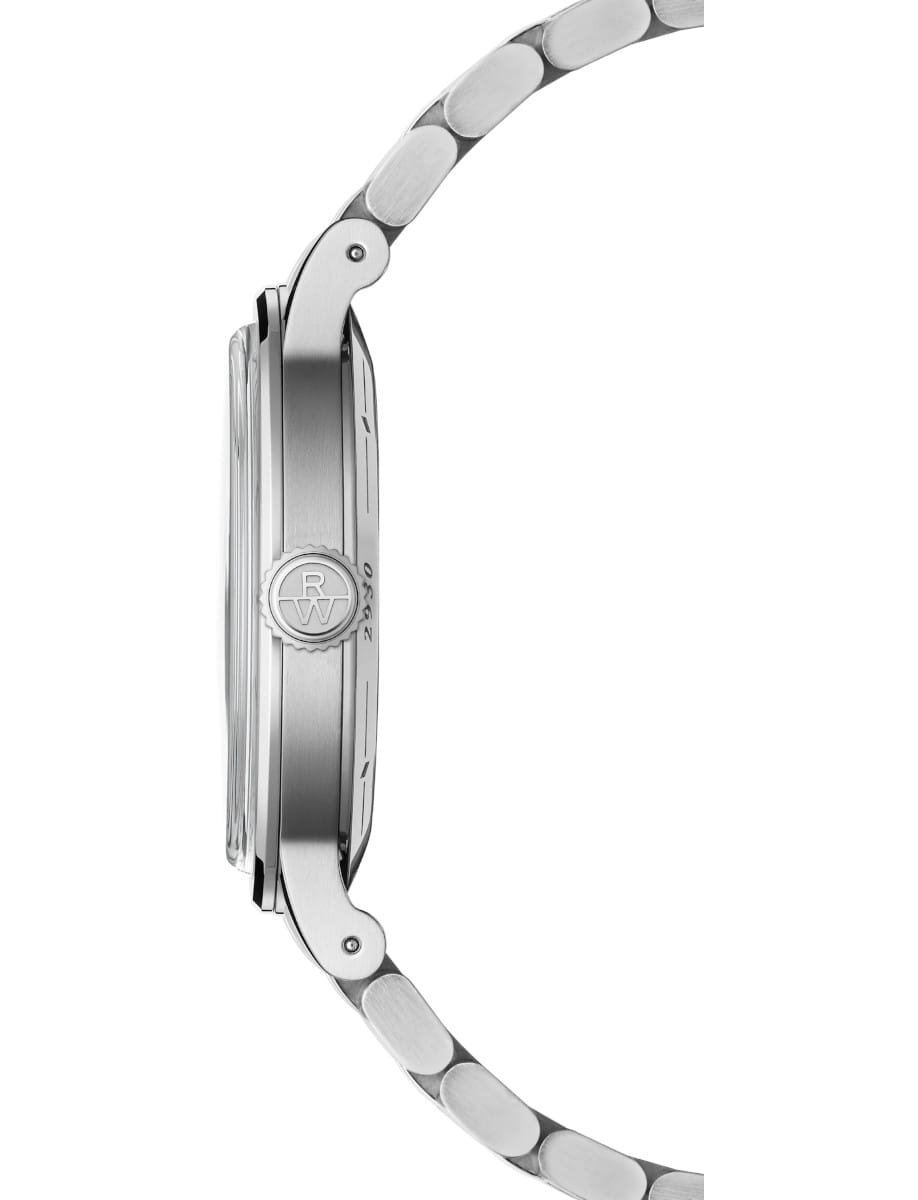 Side view of Raymond Weil wristwatch with stainless steel case and bracelet.