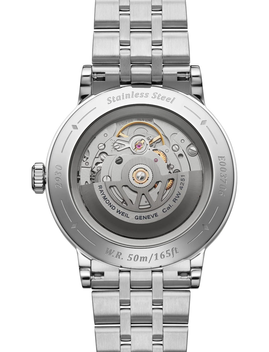 Back view of Raymond Weil wristwatch with stainless steel case and bracelet, and open case back.