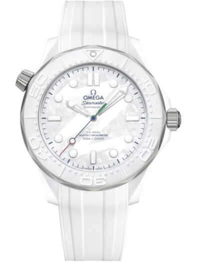 Omega wristwatch with white ceramic ‑ titanium case, white dial, and white rubber strap.