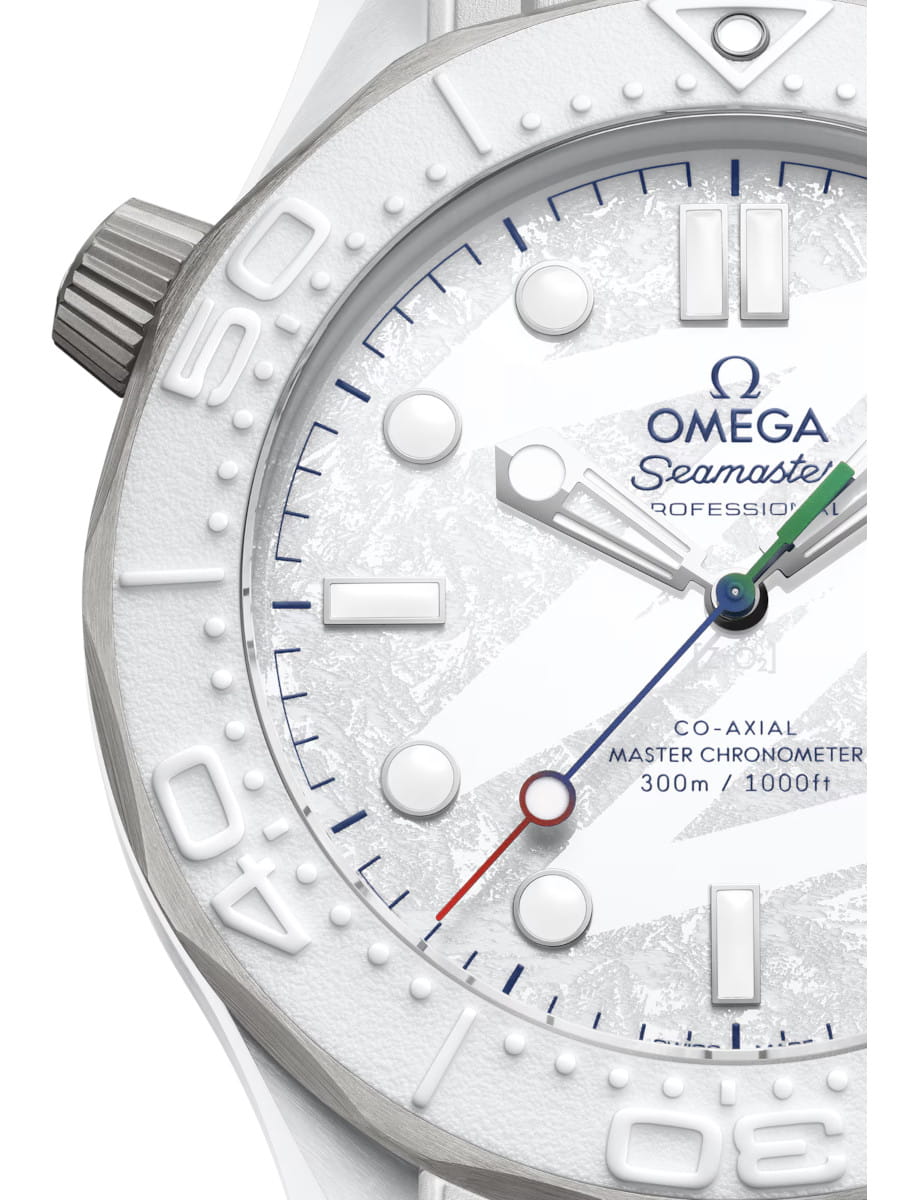 Close view of Omega wristwatch with white ceramic ‑ titanium case, and white dial.