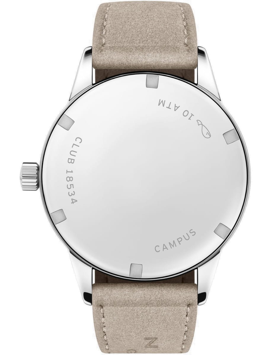 Back side view of Nomos Club Campus All Olive wristwatch with stainless steel case, closed case back, sport steel bracelet.
