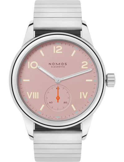 Nomos Club Campus All Olive wristwatch with stainless steel case, rose color dial, sport steel bracelet.