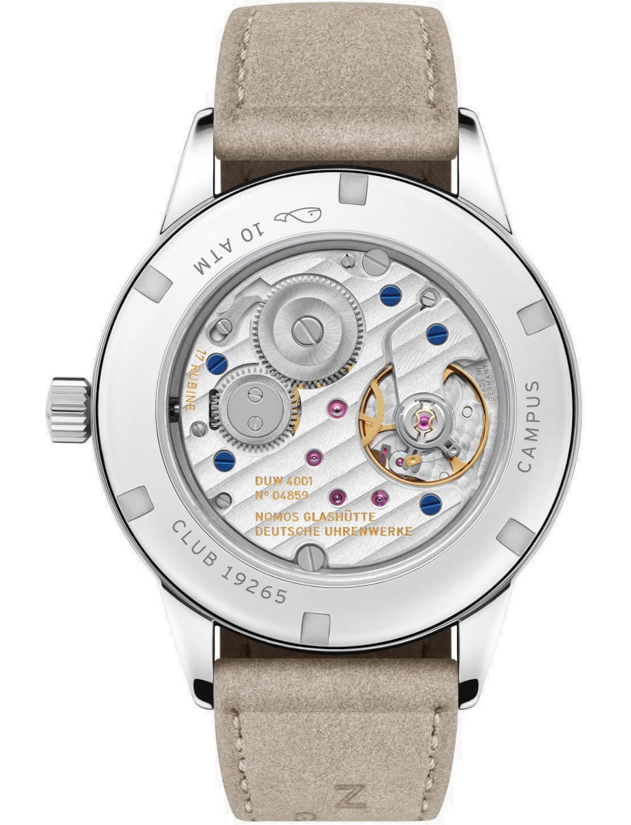 Back view of Nomos Club Campus All Olive wristwatch with stainless steel case, sapphire case back, sport bracelet.