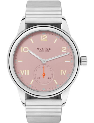 Nomos Club Campus All Olive wristwatch with stainless steel case, rose color dial, stainless steel bracelet.
