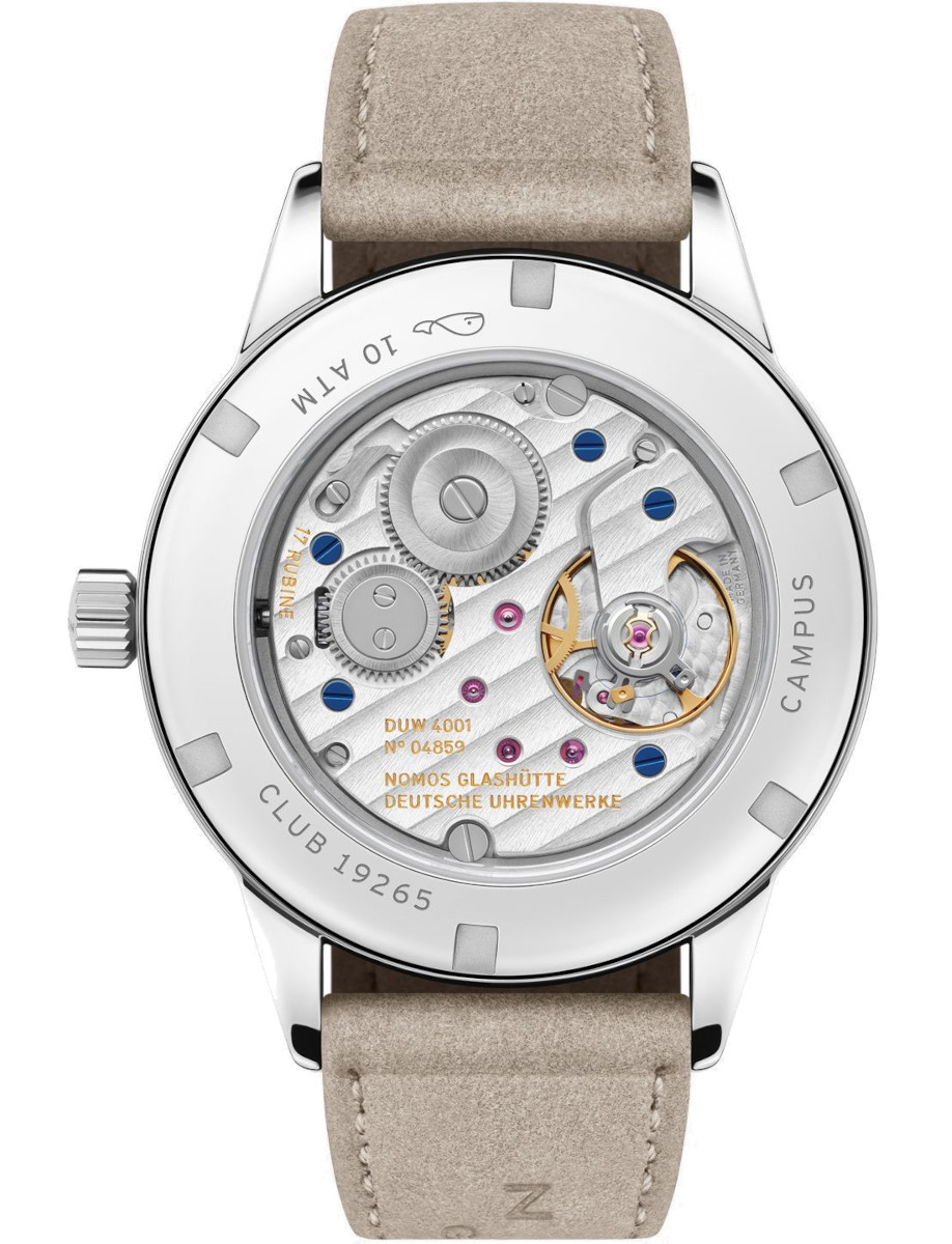 Front side view of Nomos Club Campus All Olive wristwatch with stainless steel case, sapphire case back, Vegan velour remborde beige strap.