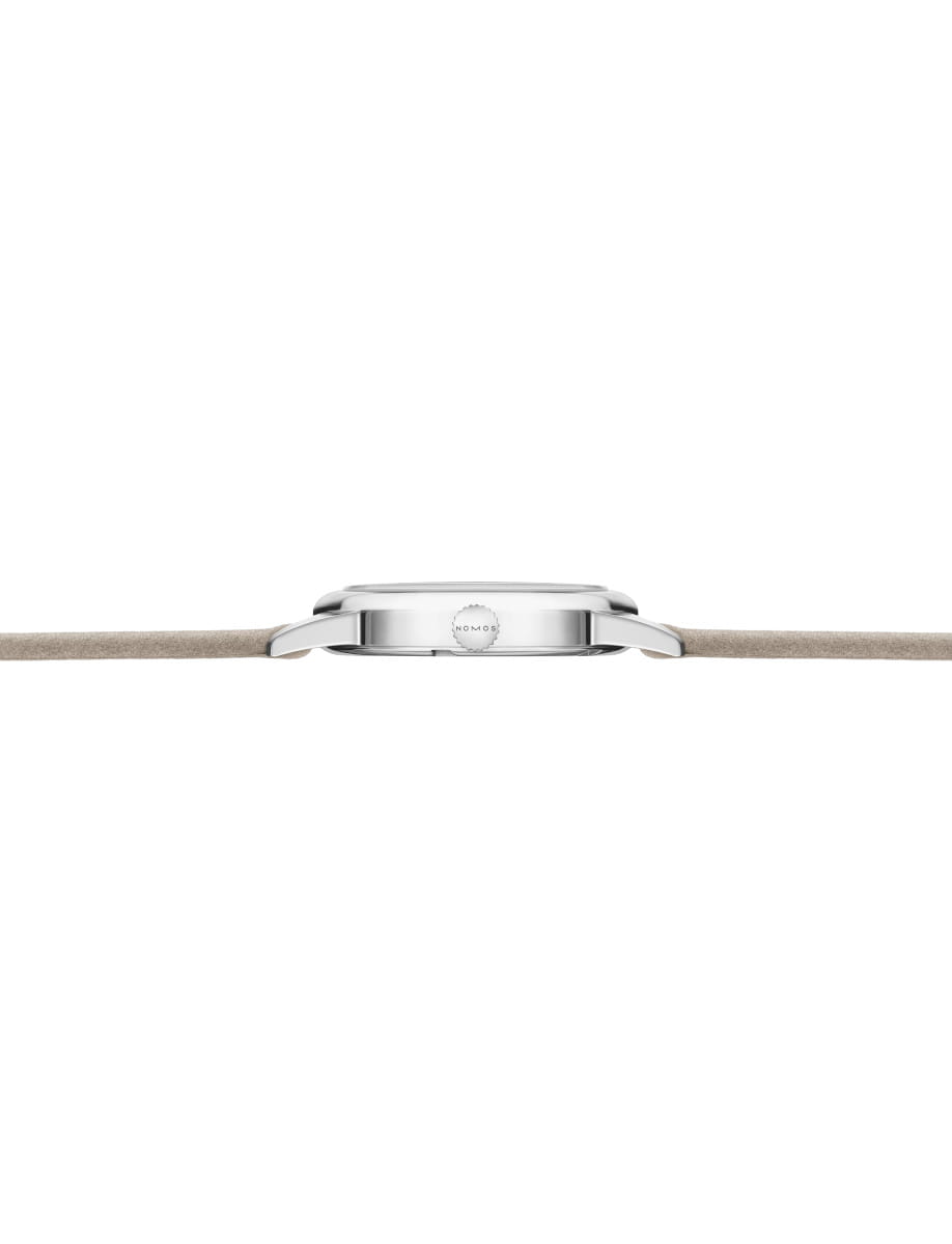 Side view of Nomos Club Campus All Olive wristwatch with stainless steel case, rose color dial, Vegan velour remborde beige strap.