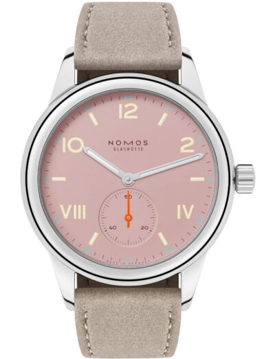Nomos Club Campus All Olive wristwatch with stainless steel case, rose color dial, Vegan velour remborde beige strap.