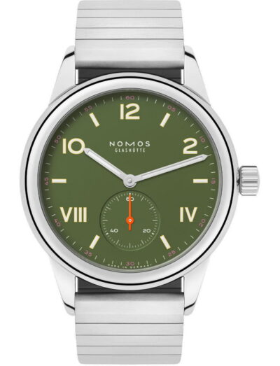 Nomos Club Campus All Olive wristwatch with stainless steel case, olive green dial, sport steel bracelet.
